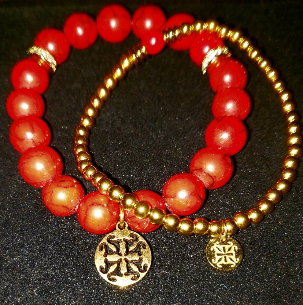 Elegant Red Beaded Rustic Cuff Bracelet Set